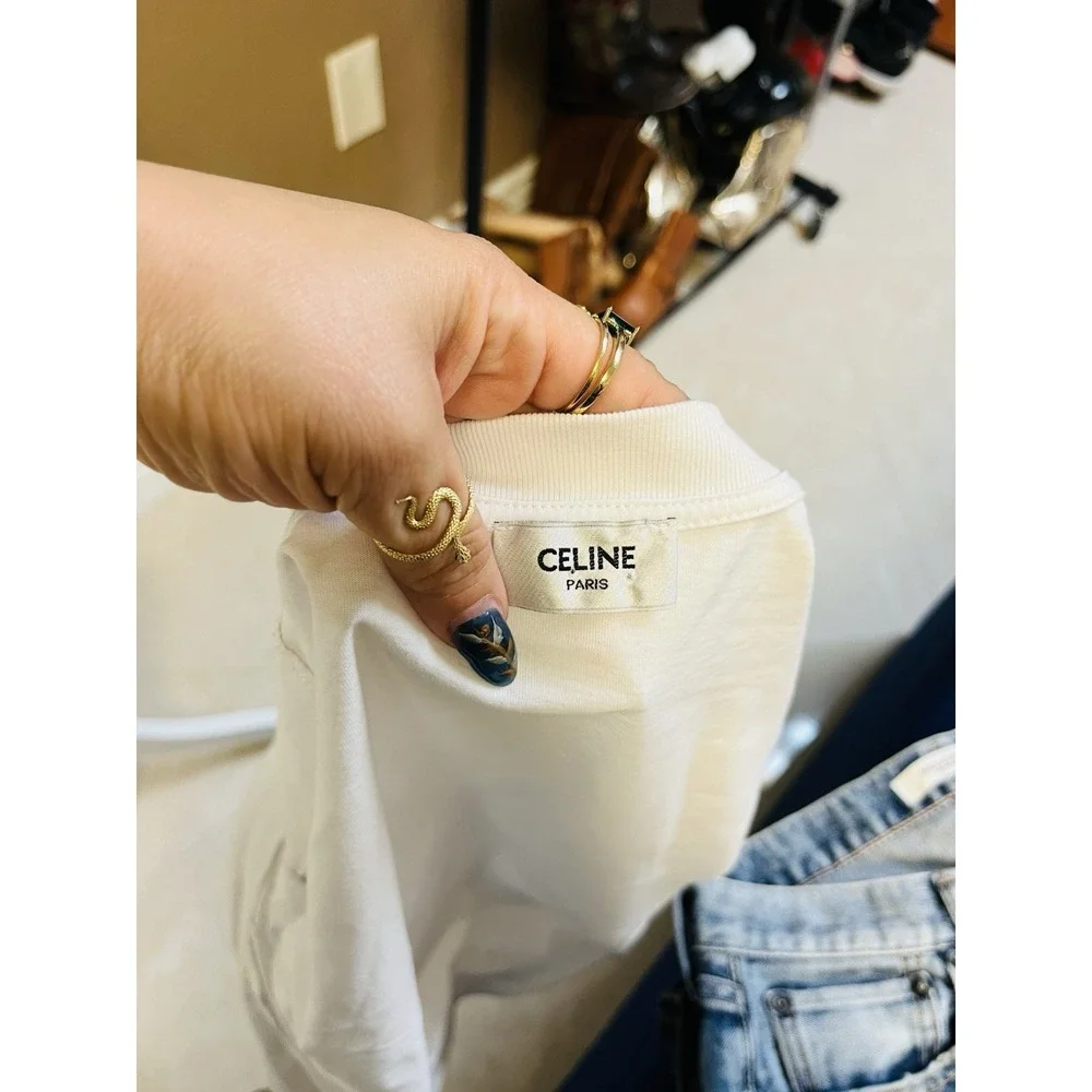 Céline Paris 2X265545F White Logo T-Shirt Gold Detail Women's Small‎ - Picture 6 of 7